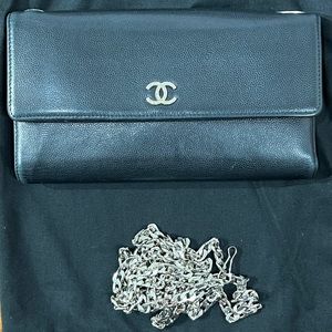 CHANEL Sevruga Caviar Leather CC Logo Black Wallet On Chain WOC Crossbody
